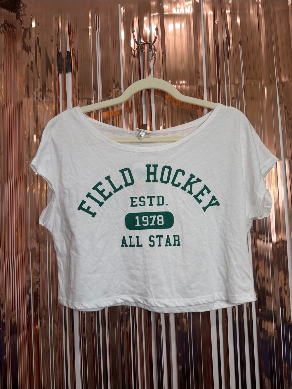 White Graphic Crop Top with Dark Green 'Field Hockey' Print